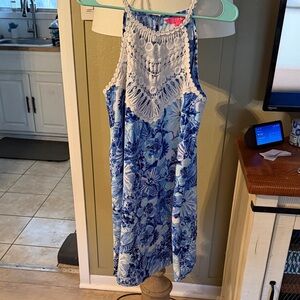 Lilly Pulitzer Blue & White Floral Crochet Halter Mini Dress